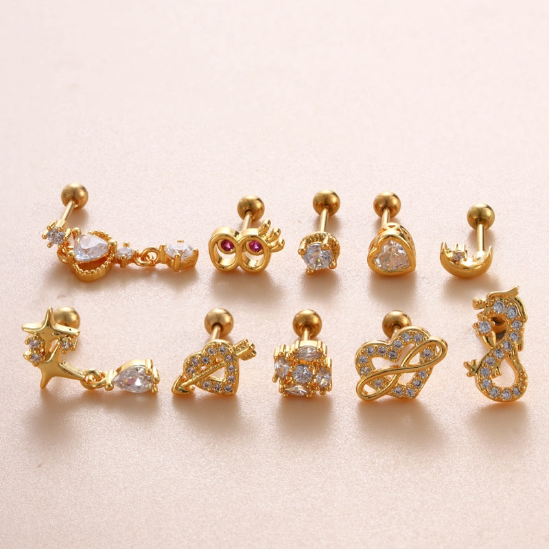 Korean Style Moon Heart Copper Zircon Cartilage Earrings with Titanium Steel Studs