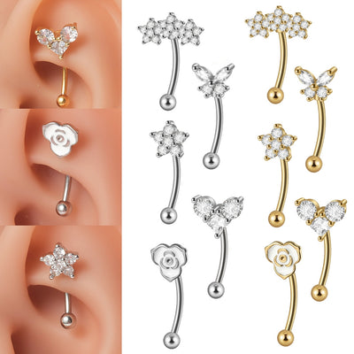 Butterfly Flower Heart Zircon Stainless Steel Cartilage & Lip Rings 18K Gold Plated Earrings