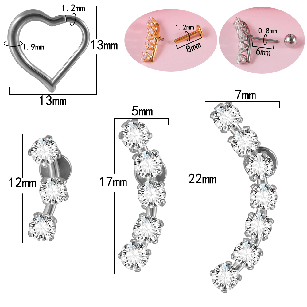 18K Gold Plated Stainless Steel Heart-Shaped Cartilage Earrings with Zircon Inlay