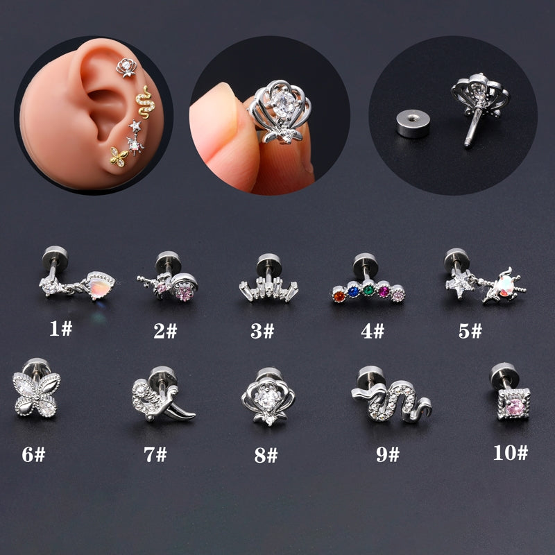 18K Gold Plated Snake Butterfly and Flower Zircon Cartilage Ear Studs