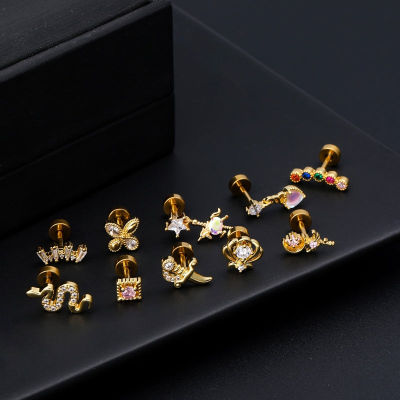 18K Gold Plated Snake Butterfly and Flower Zircon Cartilage Ear Studs