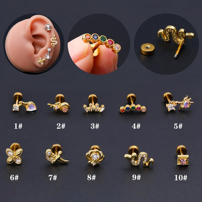 18K Gold Plated Snake Butterfly and Flower Zircon Cartilage Ear Studs