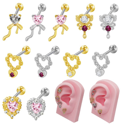 Heart Shape Bow Knot & Arrow Piercing Cartilage Earrings with Zircon and Glass Pearl Inlay, Stainless Steel and Gold Plated