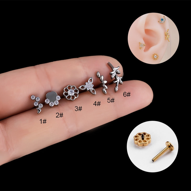 Geometric Flower & Leaf Cartilage Piercing Stud Earrings in Pure G23 Titanium with Inlaid Zircon