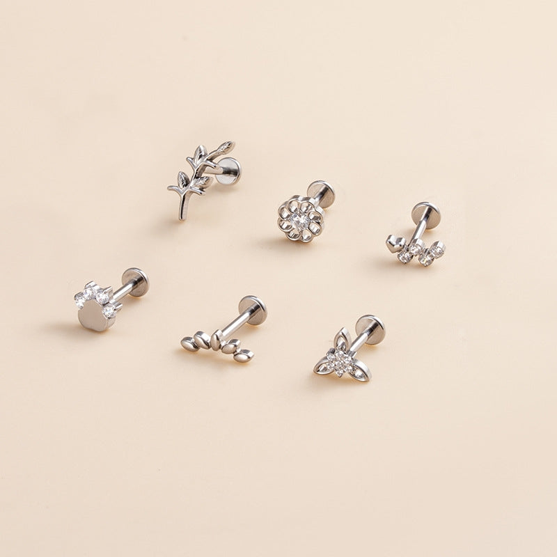 Geometric Flower & Leaf Cartilage Piercing Stud Earrings in Pure G23 Titanium with Inlaid Zircon