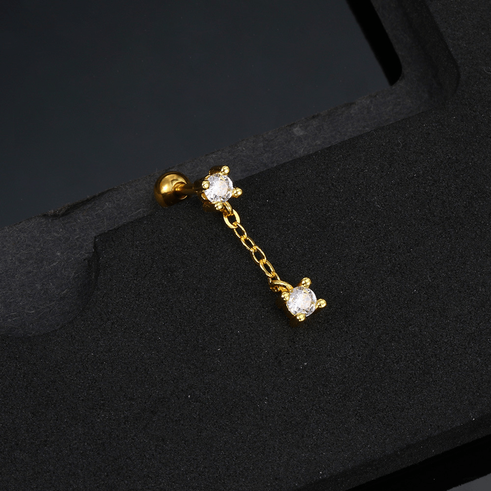 Geometric Brass Plated Rhinestone Ear Cartilage Studs with Zircon Paper Clip Chain Earrings