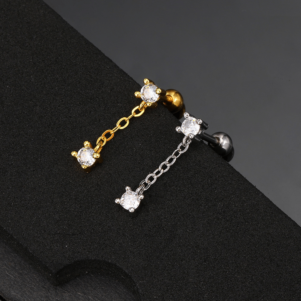 Geometric Brass Plated Rhinestone Ear Cartilage Studs with Zircon Paper Clip Chain Earrings