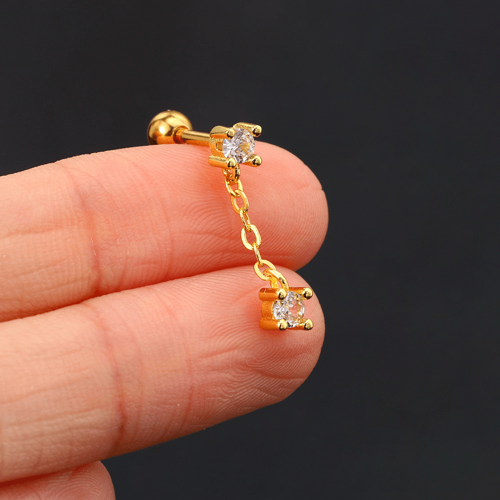 Geometric Brass Plated Rhinestone Ear Cartilage Studs with Zircon Paper Clip Chain Earrings