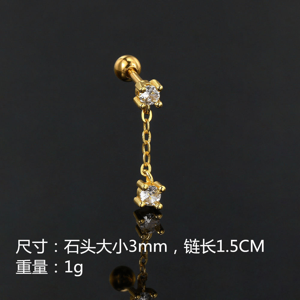 Geometric Brass Plated Rhinestone Ear Cartilage Studs with Zircon Paper Clip Chain Earrings