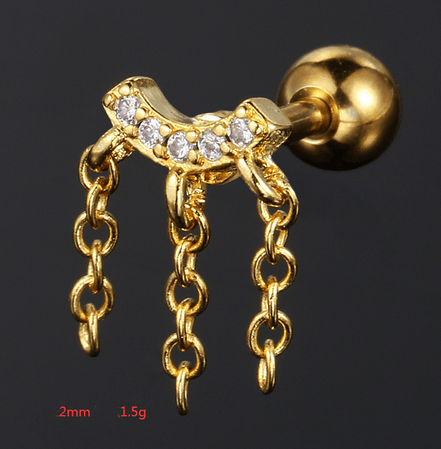 14K Gold Plated Crystal Zircon Chain Ear Cartilage Studs for Women