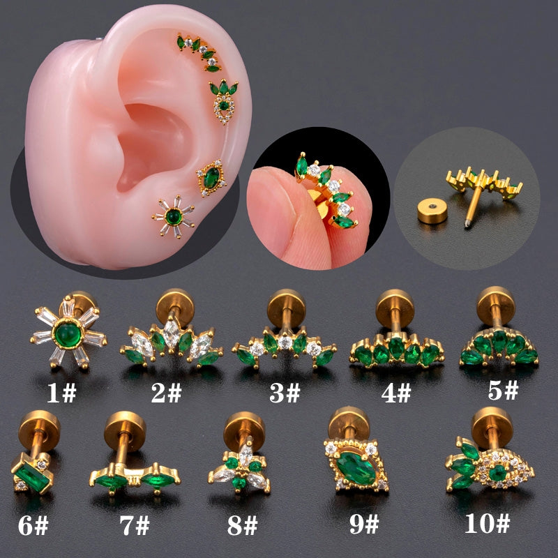 18K Gold Plated Geometric Flower Zircon Ear Cartilage Studs with Stainless Steel Rod