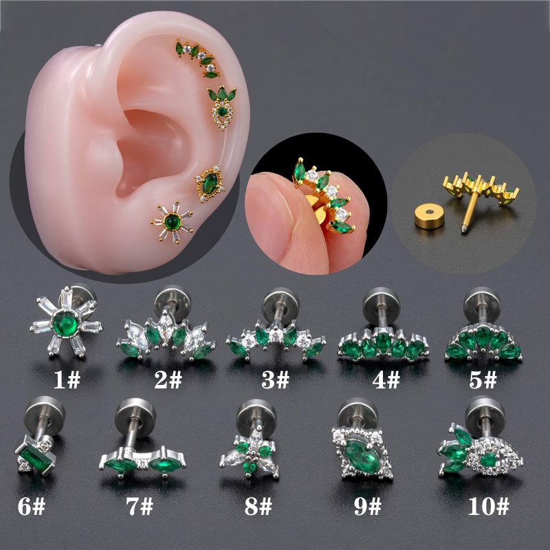 18K Gold Plated Geometric Flower Zircon Ear Cartilage Studs with Stainless Steel Rod