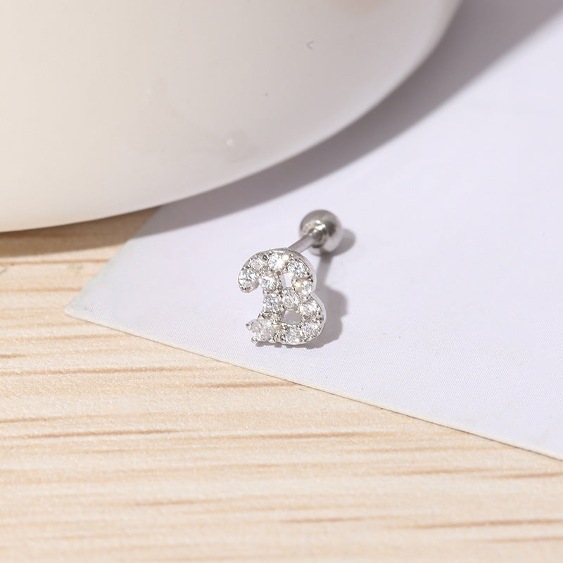 IG Style Shiny Letter Zircon Inlay Stainless Steel Cartilage Stud Earrings with Threaded Screw Closure