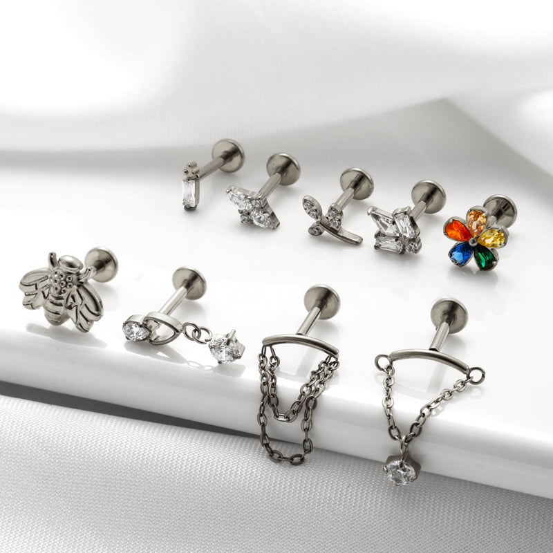 G23 Titanium Geometric Flower Zircon Cartilage Piercing Earring with Chain Tassel Pendant