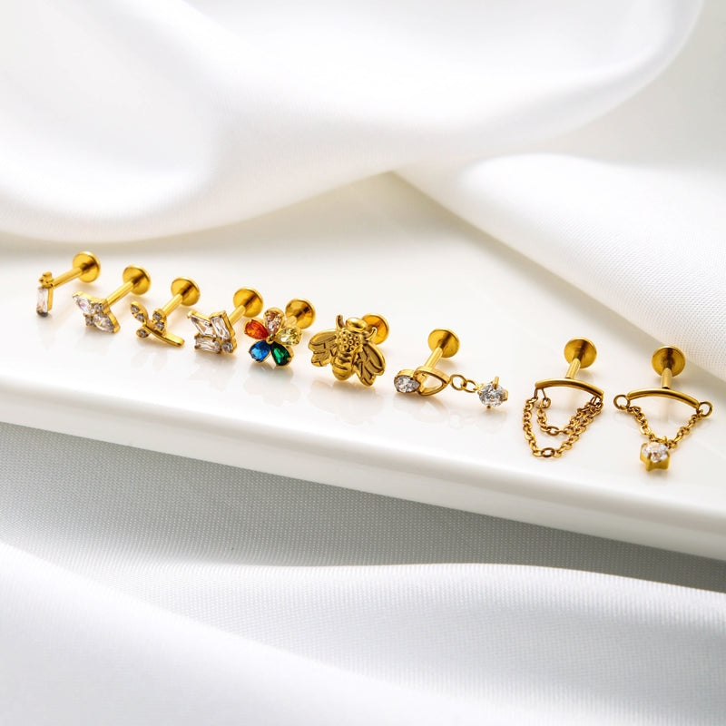 G23 Titanium Geometric Flower Zircon Cartilage Piercing Earring with Chain Tassel Pendant