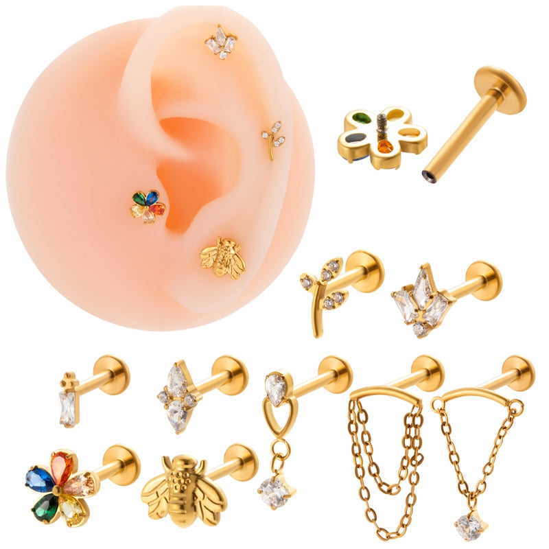 G23 Titanium Geometric Flower Zircon Cartilage Piercing Earring with Chain Tassel Pendant