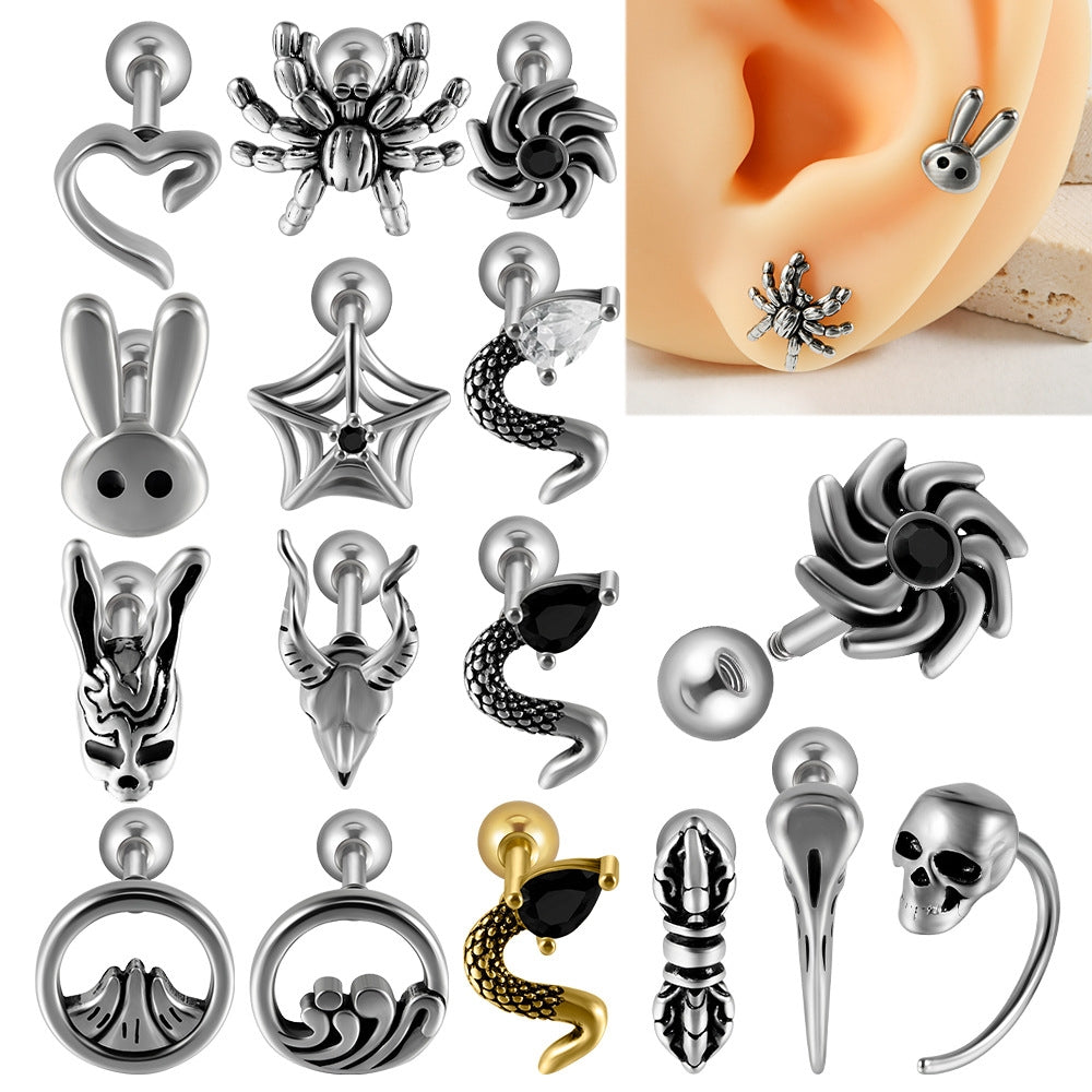18K Gold Plated Stainless Steel Zircon Ghost Head Snake Earrings & Ear Cartilage Rings
