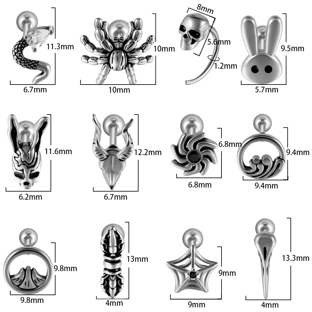 18K Gold Plated Stainless Steel Zircon Ghost Head Snake Earrings & Ear Cartilage Rings