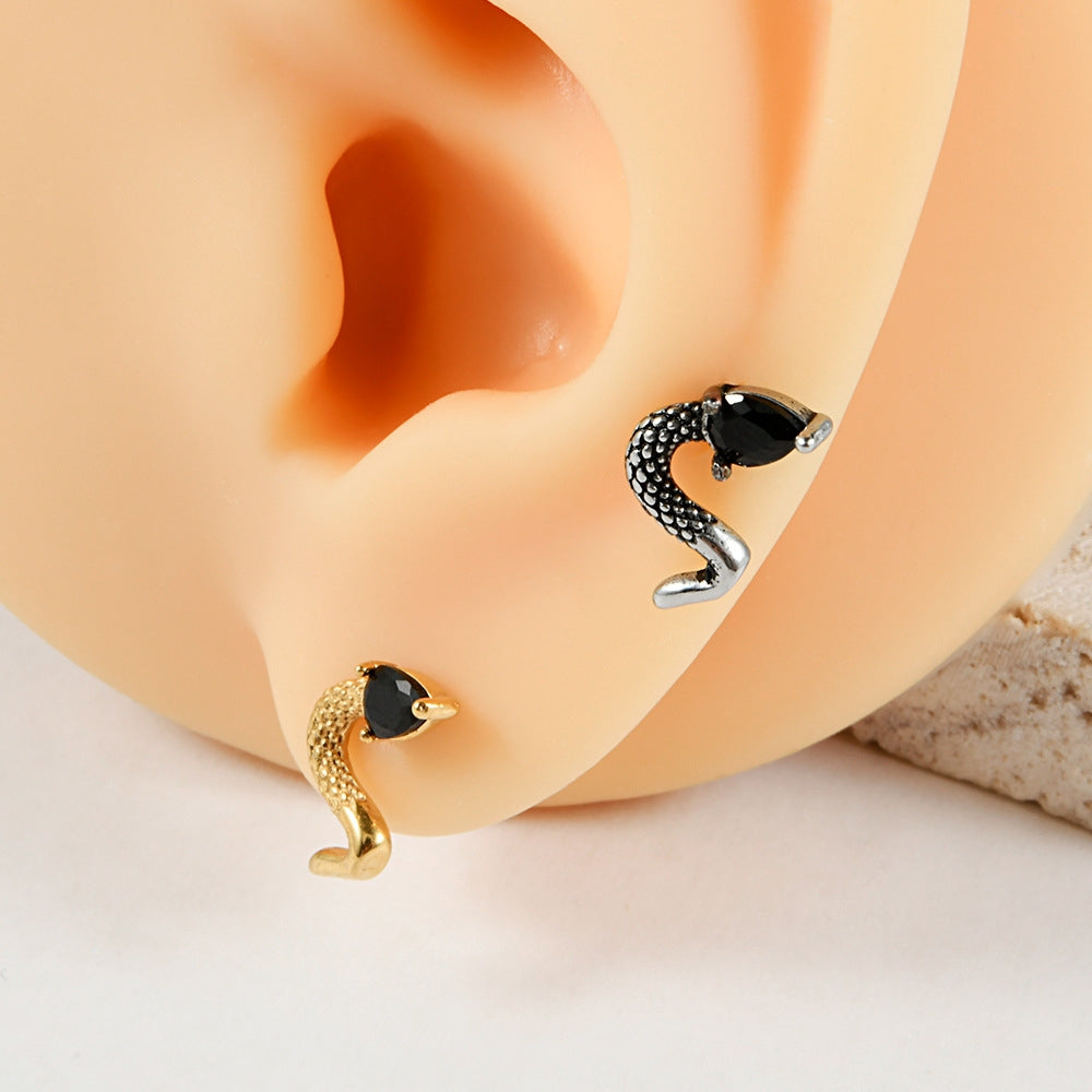 18K Gold Plated Stainless Steel Zircon Ghost Head Snake Earrings & Ear Cartilage Rings