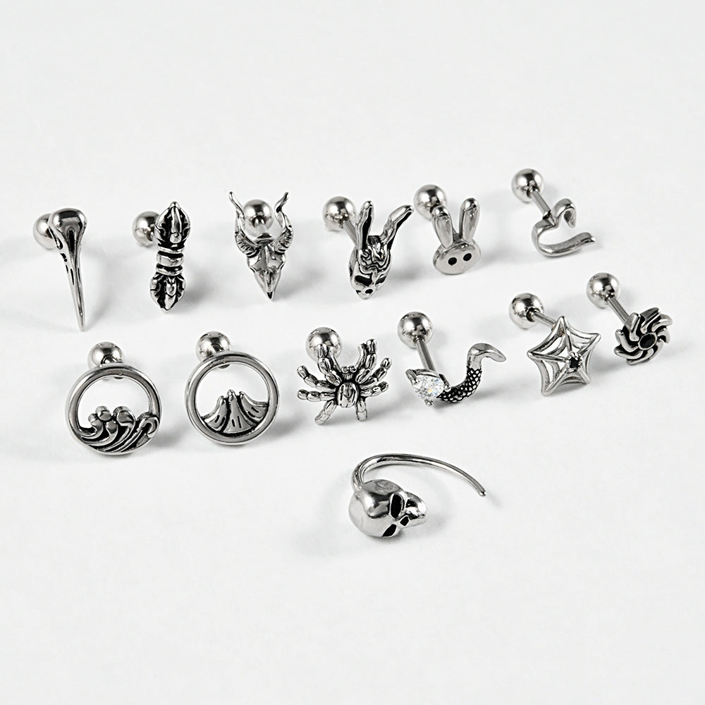 18K Gold Plated Stainless Steel Zircon Ghost Head Snake Earrings & Ear Cartilage Rings