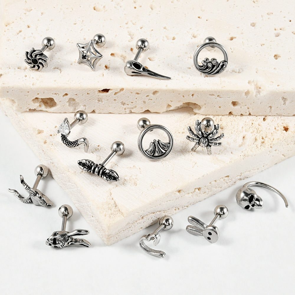 18K Gold Plated Stainless Steel Zircon Ghost Head Snake Earrings & Ear Cartilage Rings