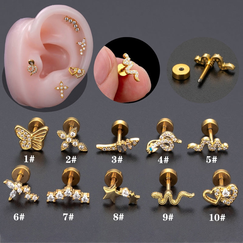 18K Gold Plated Heart & Butterfly Cartilage Stud Earrings with Zircon Inlay