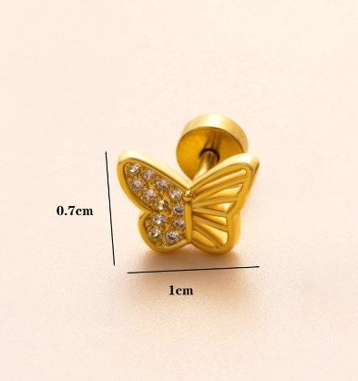 18K Gold Plated Heart & Butterfly Cartilage Stud Earrings with Zircon Inlay