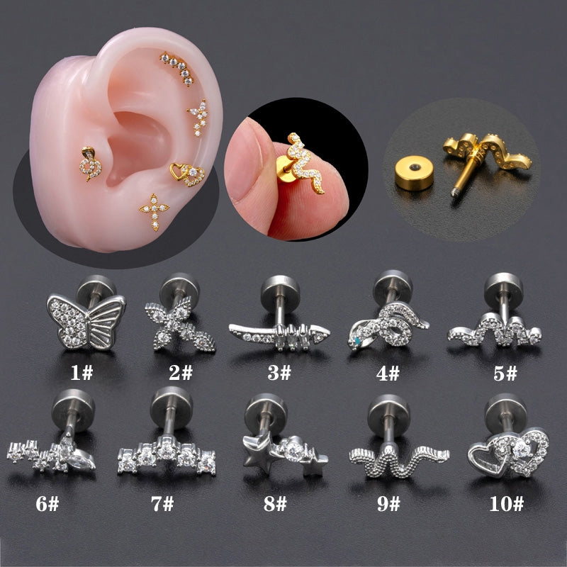 18K Gold Plated Heart & Butterfly Cartilage Stud Earrings with Zircon Inlay