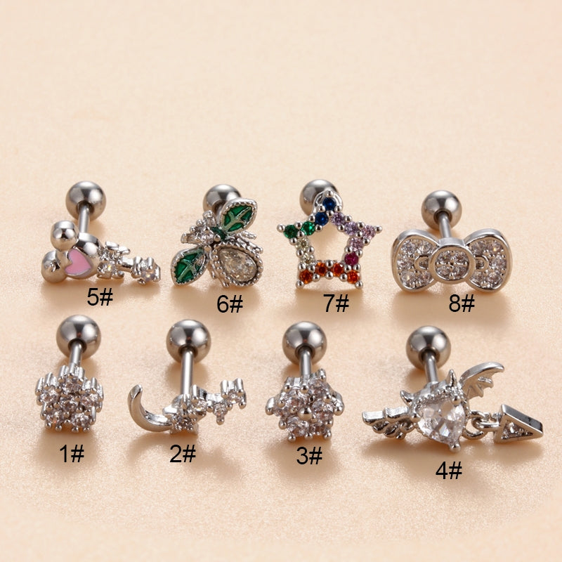 Star Heart Bow Knot Zircon Stainless Steel Cartilage Stud Earrings