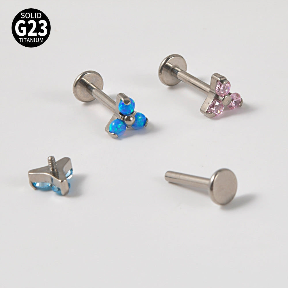 G23 Titanium Flower Cartilage Ring with Synthetic Opal and Zircon Inlay