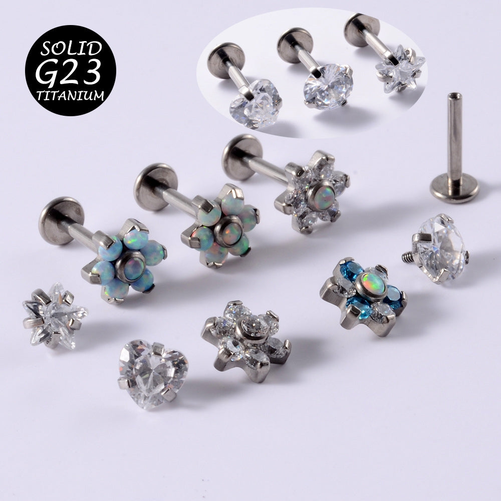 Flower Opal Zircon Ear Cartilage & Lip Studs in Stainless Steel and Titanium