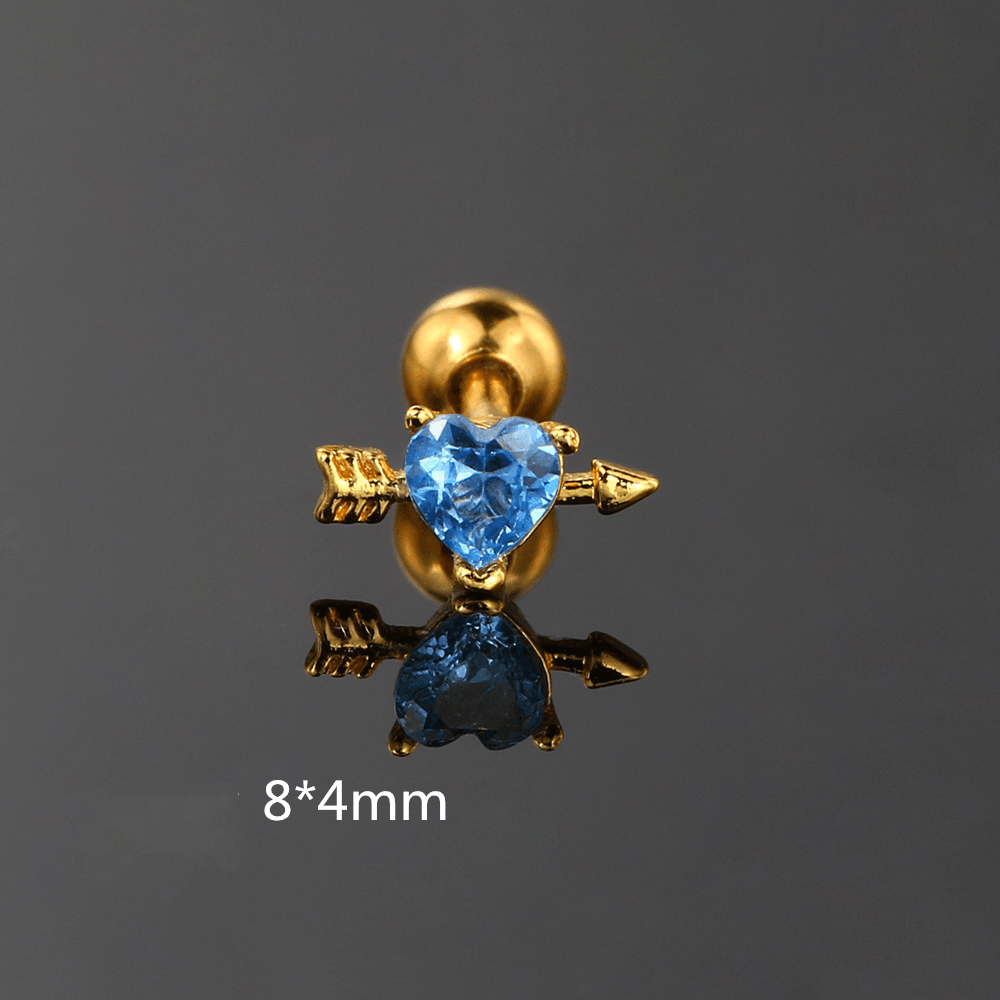 Heart & Flower Inlay Rhinestone Cartilage Earrings - Gold & Blue Stone Twist Design