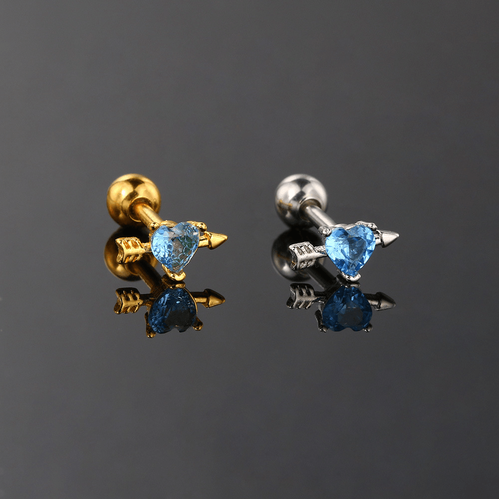 Heart & Flower Inlay Rhinestone Cartilage Earrings - Gold & Blue Stone Twist Design