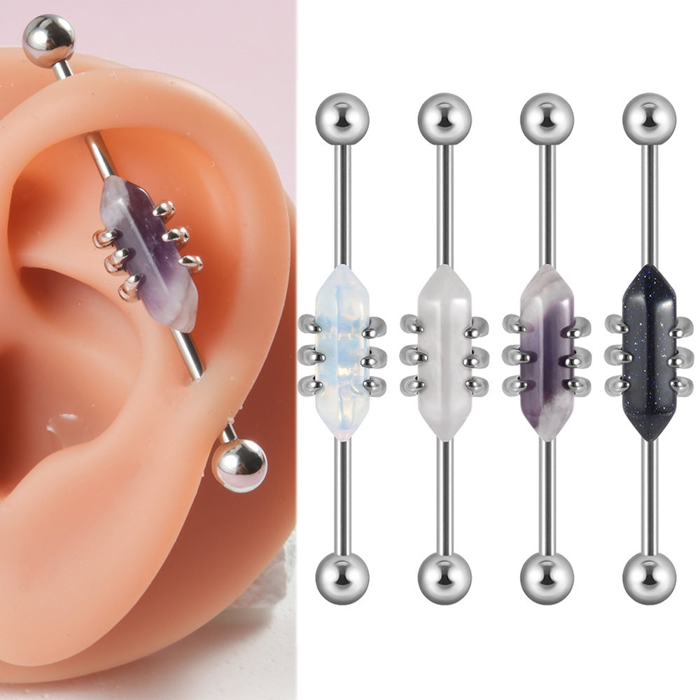 Geometric Stainless Steel Opal & Amethyst Cartilage Stud Earrings