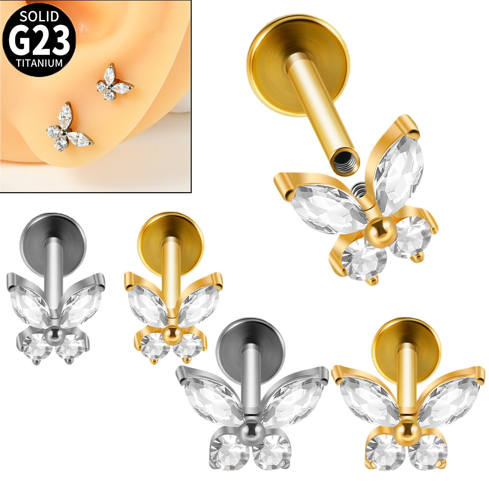 Butterfly Zircon Titanium Ear Cartilage and Lip Ring Set