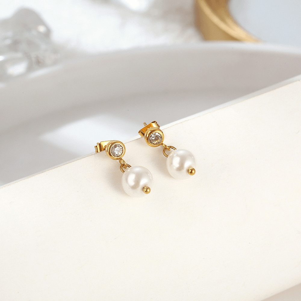 Elegant C Shape Pearl Rhinestone 18K Gold Plated Stainless Steel Drop Earrings