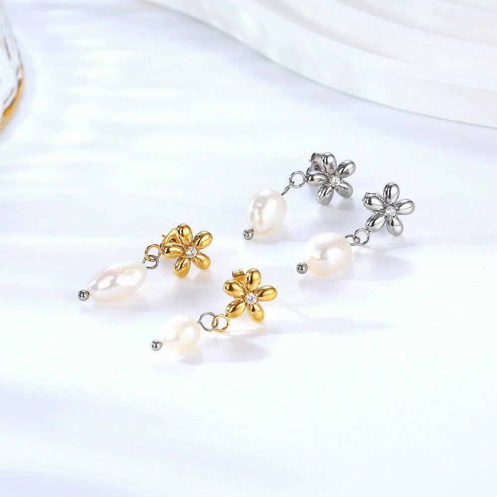 Elegant C Shape Pearl Rhinestone 18K Gold Plated Stainless Steel Drop Earrings