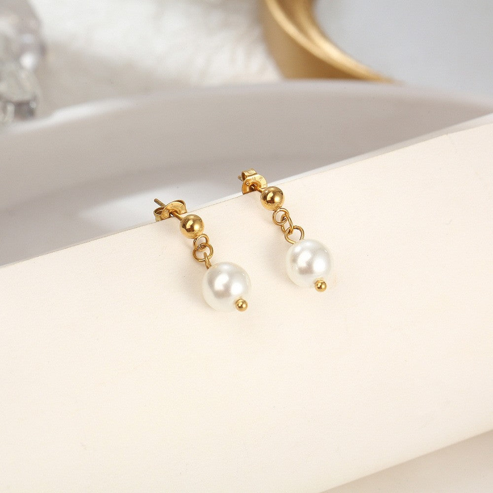 Elegant C Shape Pearl Rhinestone 18K Gold Plated Stainless Steel Drop Earrings