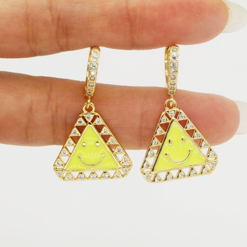 Elegant Geometric Triangle Smile Face Copper Drop Earrings