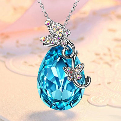 Fashion Butterfly Crystal Teardrop Pendant Necklace for Women