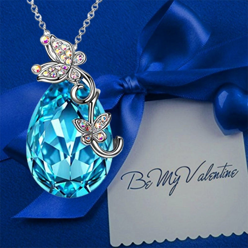 Fashion Butterfly Crystal Teardrop Pendant Necklace for Women