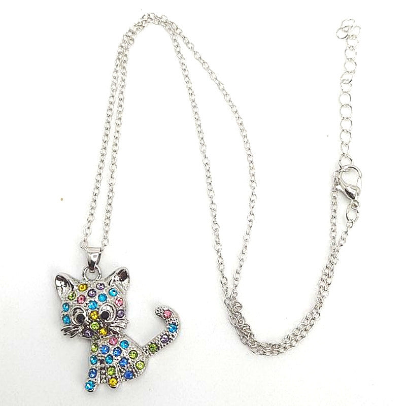 Fashion Cat Pendant Necklace with Colorful Rhinestones for Women