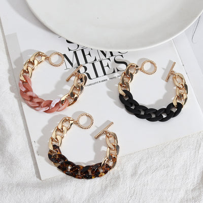 Fashion Color Block Alloy Plated Women's Bracelet with Resin Buckle and Metal Chain Design