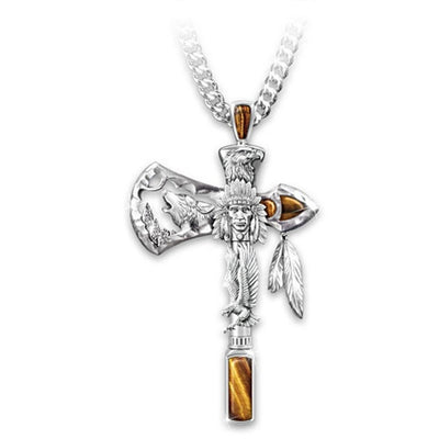 Fashion Cross Alloy Pendant Necklace with Eagle and Wolf Head Engraving