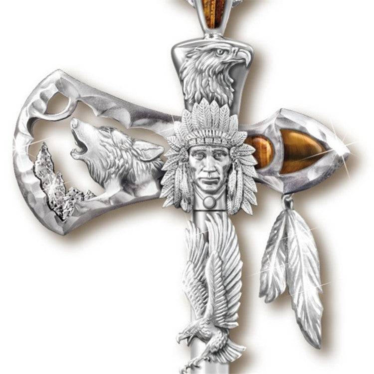 Fashion Cross Alloy Pendant Necklace with Eagle and Wolf Head Engraving