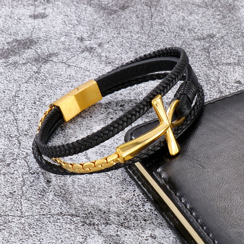 Fashion Cross Cowhide Leather Men's Bracelet with Ankh Charm