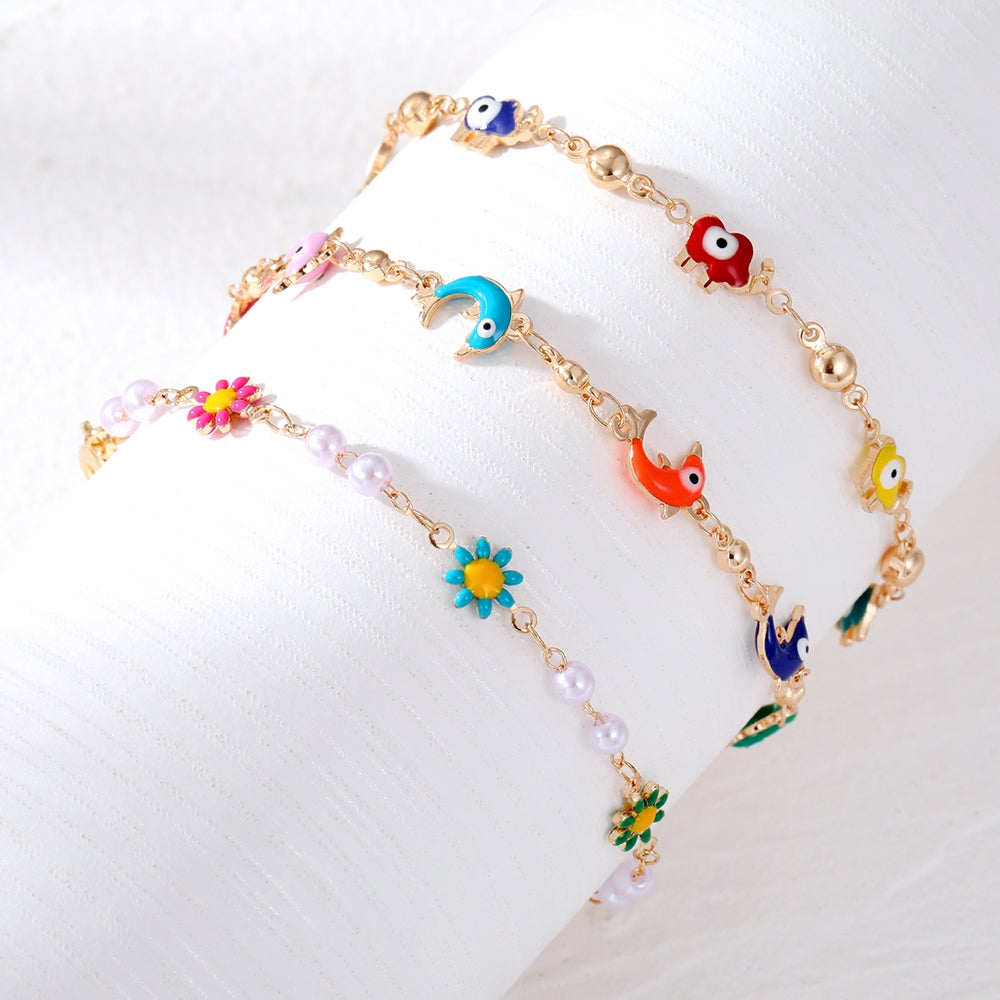 Fashion Devil's Eye Dolphin Flower Enamel Pearl Adjustable Women's Bracelet