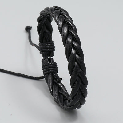 Fashion Geometric PU Leather Wax Line Men's Bracelet - Hand-Woven Black Three-Strand Design