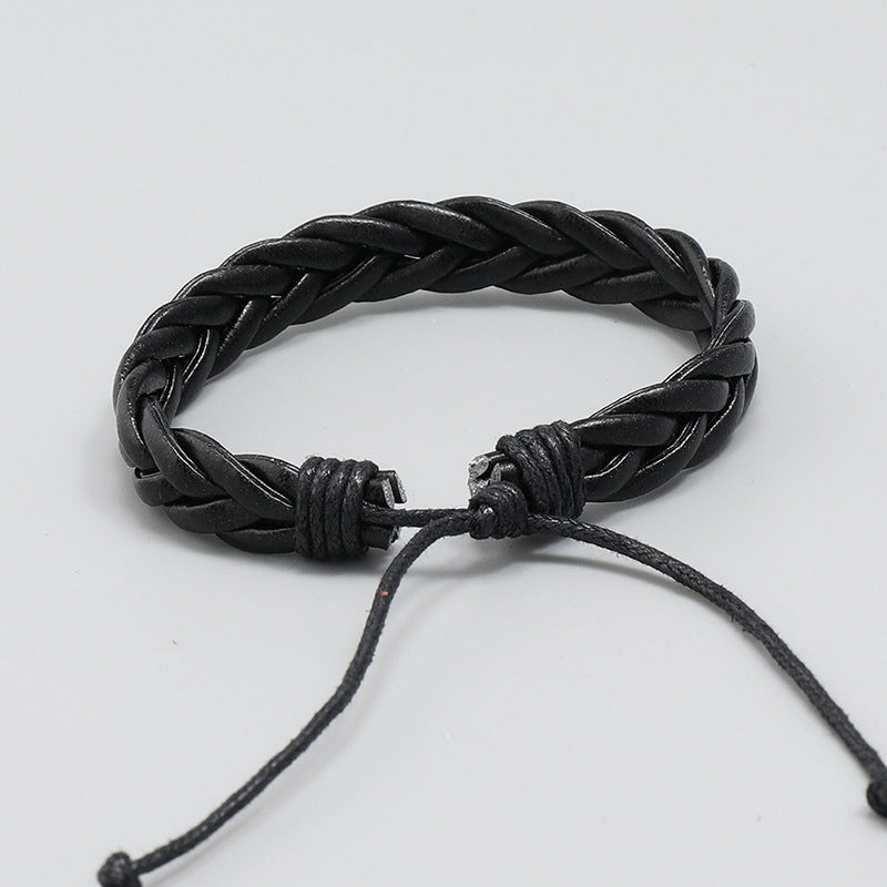 Fashion Geometric PU Leather Wax Line Men's Bracelet - Hand-Woven Black Three-Strand Design