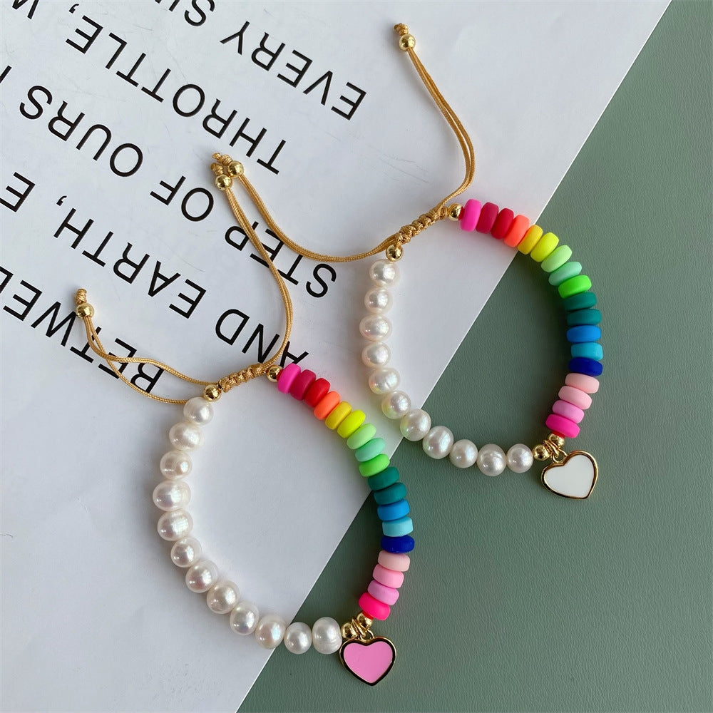 Fashion Heart Shape Freshwater Pearl Rainbow Enamel Clay Bracelet